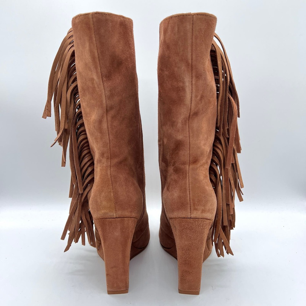 MARABELLE Suede Fringe Wedge Boot Womens 38 Brown Knee High Pointy Toe Pull On - Picture 4 of 16